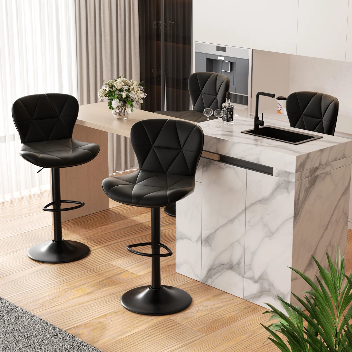 2 Pcs Bar Chair 360 Degree Rotation Adjustable Height Faux Leather Upholstered Backrest Bar Furniture for Dining Room Kitchen