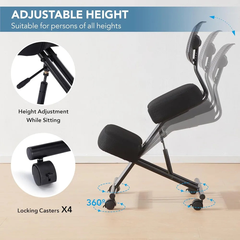 Ergonomic Kneeling Chair with Back Support Adjustable Stool Modern Design with Smooth Gliding Casters