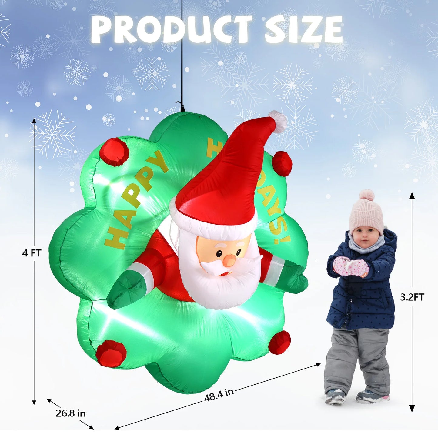 4 Ft Lighted Christmas Inflatable Santa with Wreath Breaking Out from Window Large Blow Up Hanging Decoration
