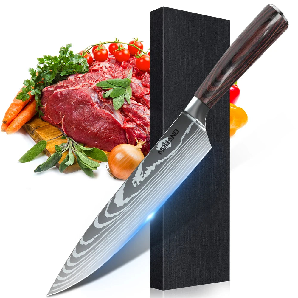 8PCS Japanese Kitchen Knife Set Professional Laser Damascus Pattern Stainless Steel Meat Cleaver Slicer Knife