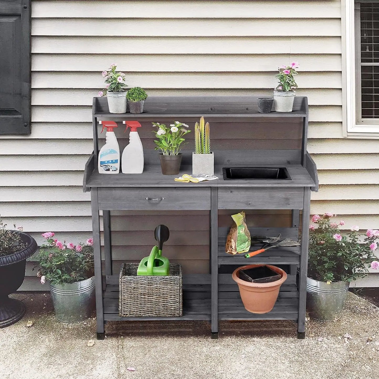Outdoor Potting Bench Table Garden Workstation with Drawer Adjustable Shelf Removable Sink Hooks and Pads Gray