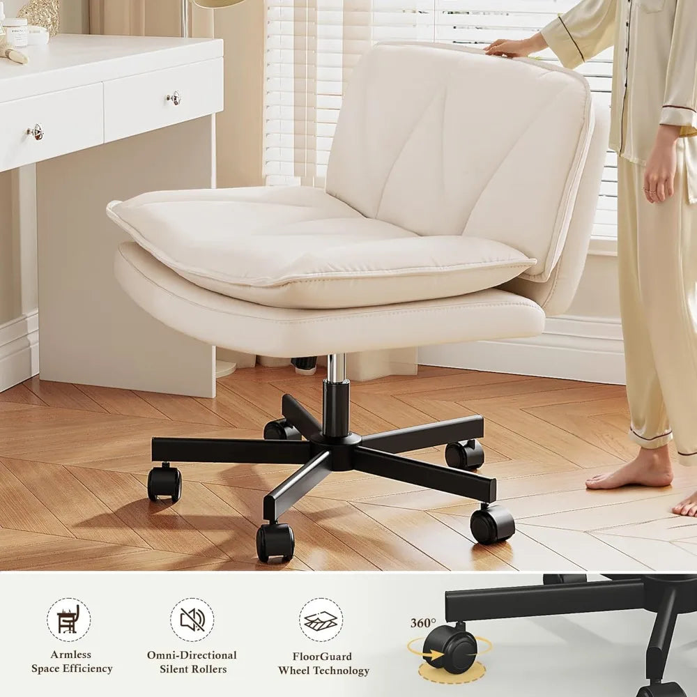 Armless 27 Inch Wide Criss Cross Chair with Wheels Leather Cross Legged Vanity Chair with Two Layer Cushion Swivel Modern Home Office White