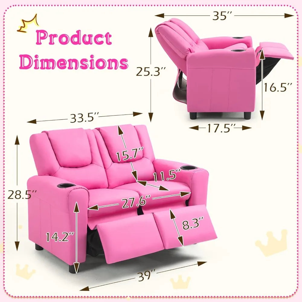 Double Recliner Chair With Cup Holder PU Leather Kids Sofa