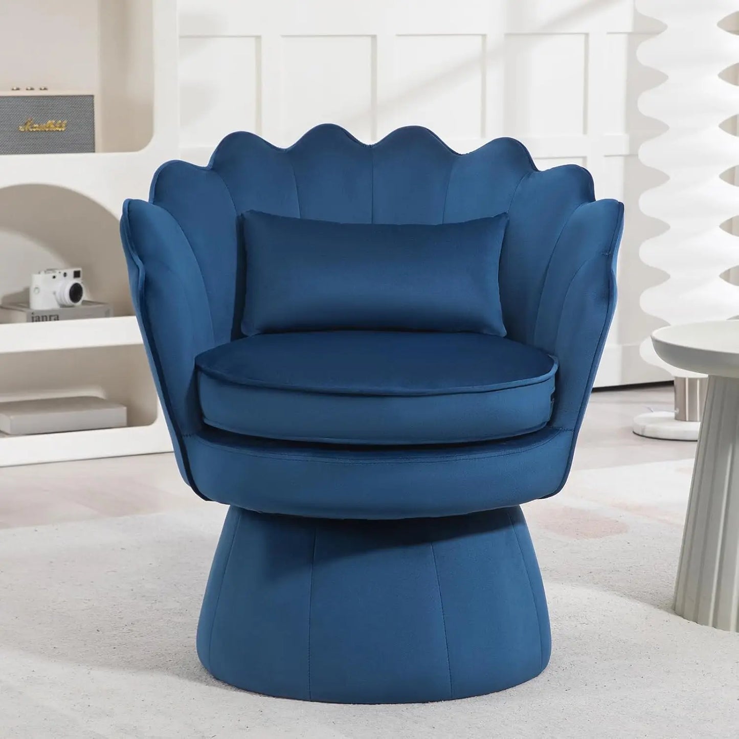 360° Swivel Accent Chair, Mid-Century Modern Velvet Barrel Chair, Comfy Shell Shape Arm Chair with Lumbar Pillow for Living Room
