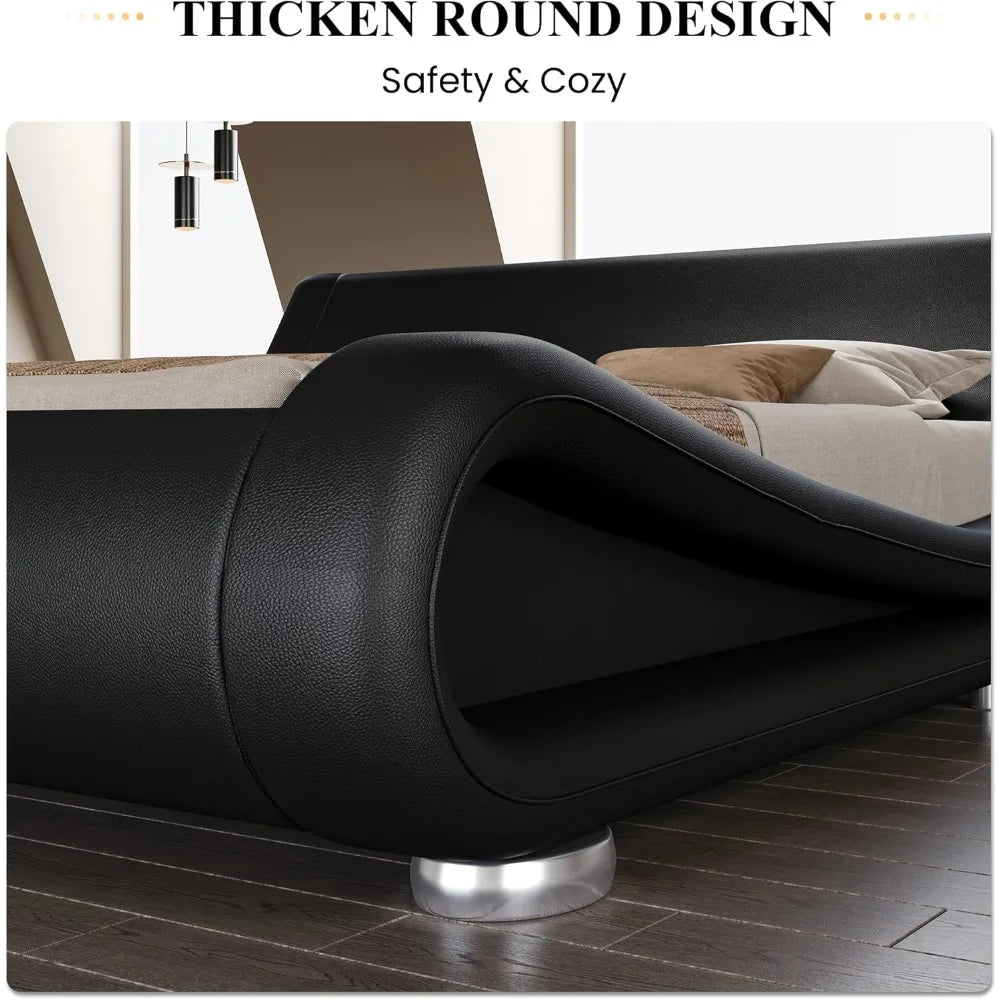 Bed frame, Low Profile Sleigh Bed with Faux Leather Ergonomics Headboard, No Box Spring Needed Easy Assembly, Bedroom Furniture