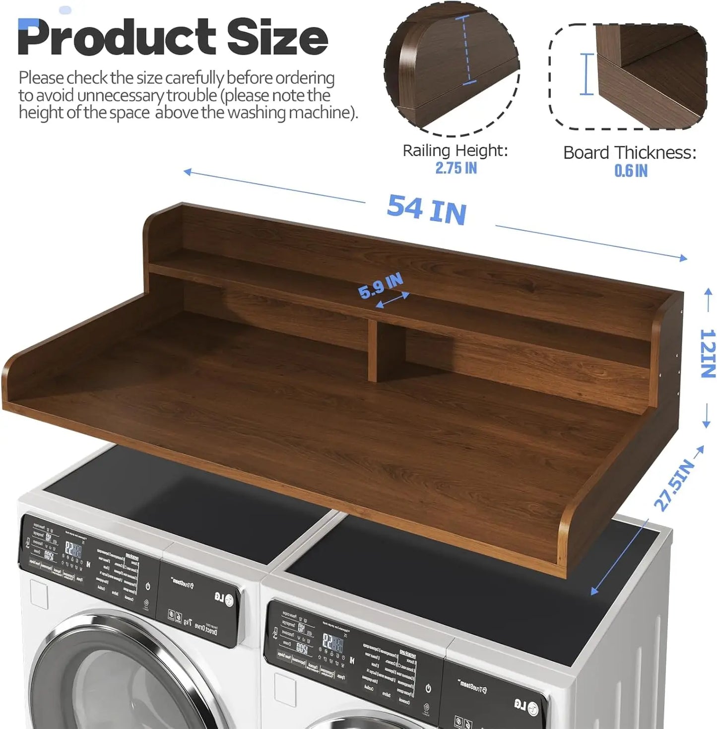 Customizable 2-Tier Washer and Dryer Countertop with 2.75" H Guard,54" W x 27.5" D Laundry Countertop Cover with Non-Slip Pad,La