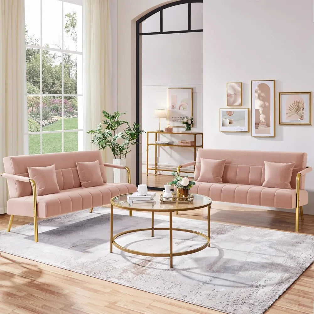 Lux Velvet Sofa With Gold Tone Metal Arms For Living Room