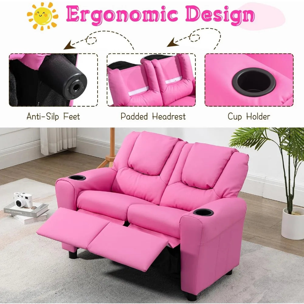 Double Recliner Chair With Cup Holder PU Leather Kids Sofa
