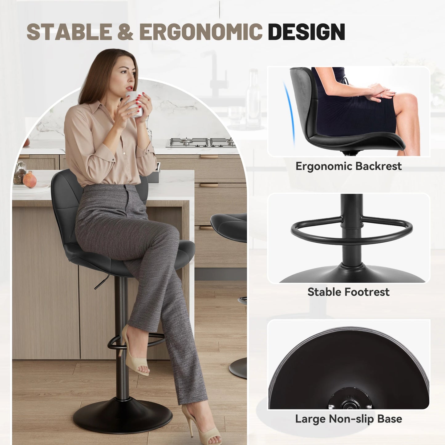 2 Pcs Bar Chair 360 Degree Rotation Adjustable Height Faux Leather Upholstered Backrest Bar Furniture for Dining Room Kitchen