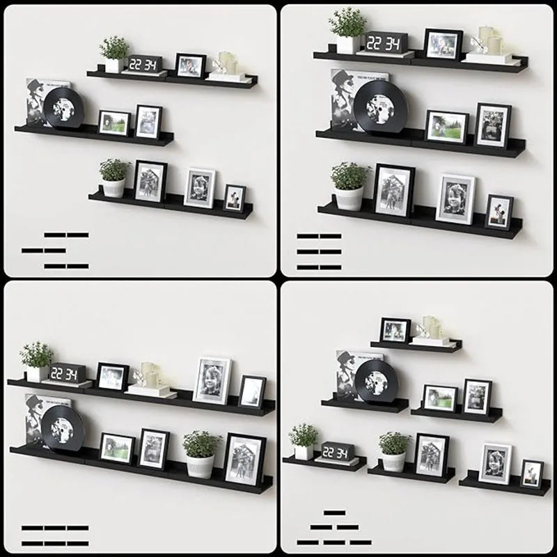 6 Pieces Wall Hanging TV Mezzanine Solid Wood Partition Display Stand for Bedroom and Living Room Black