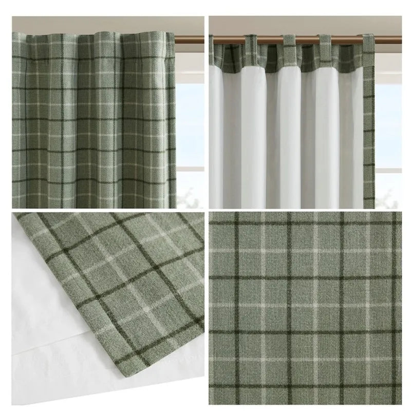 Green Plaid Curtain Panel With Fleece Lining 50x84