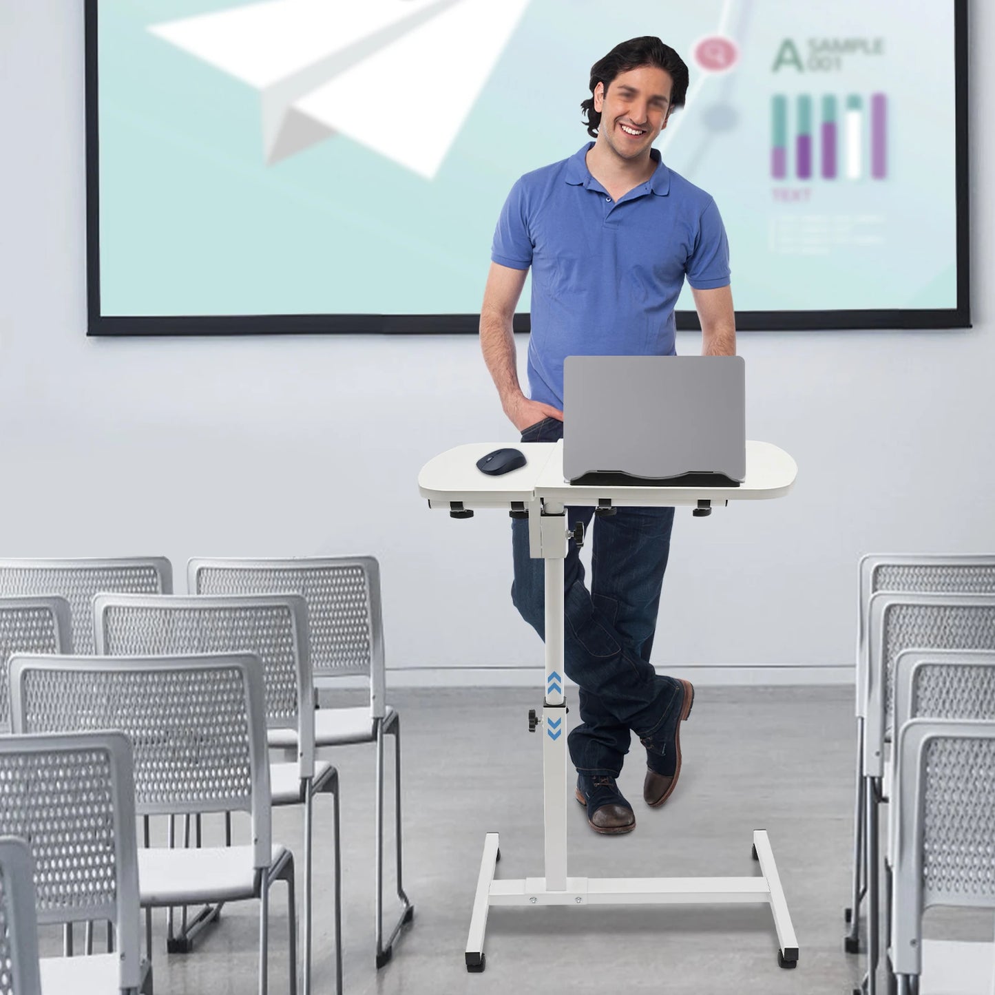 White MDF Carbon Steel Adjustable Laptop Stand With Wheels