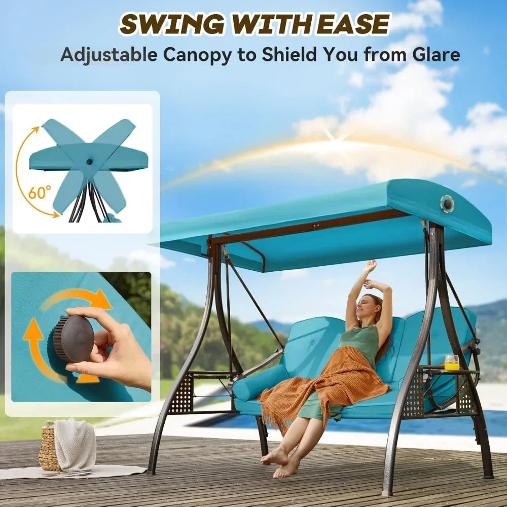 Outdoor Porch Swing with Adjustable Canopy Three Seat Outdoor Swing for Adults Patio Swing Chair with Thickened Cushions Khaki