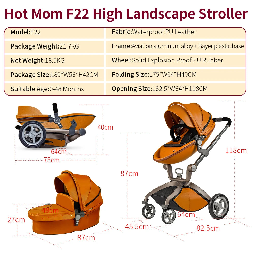 Hot Mom F22 Baby Stroller 3 In 1 Adjustable Seat Aluminum Frame Solid Rubber Tires Rain Cover Mosquito Net Large Storage Basket