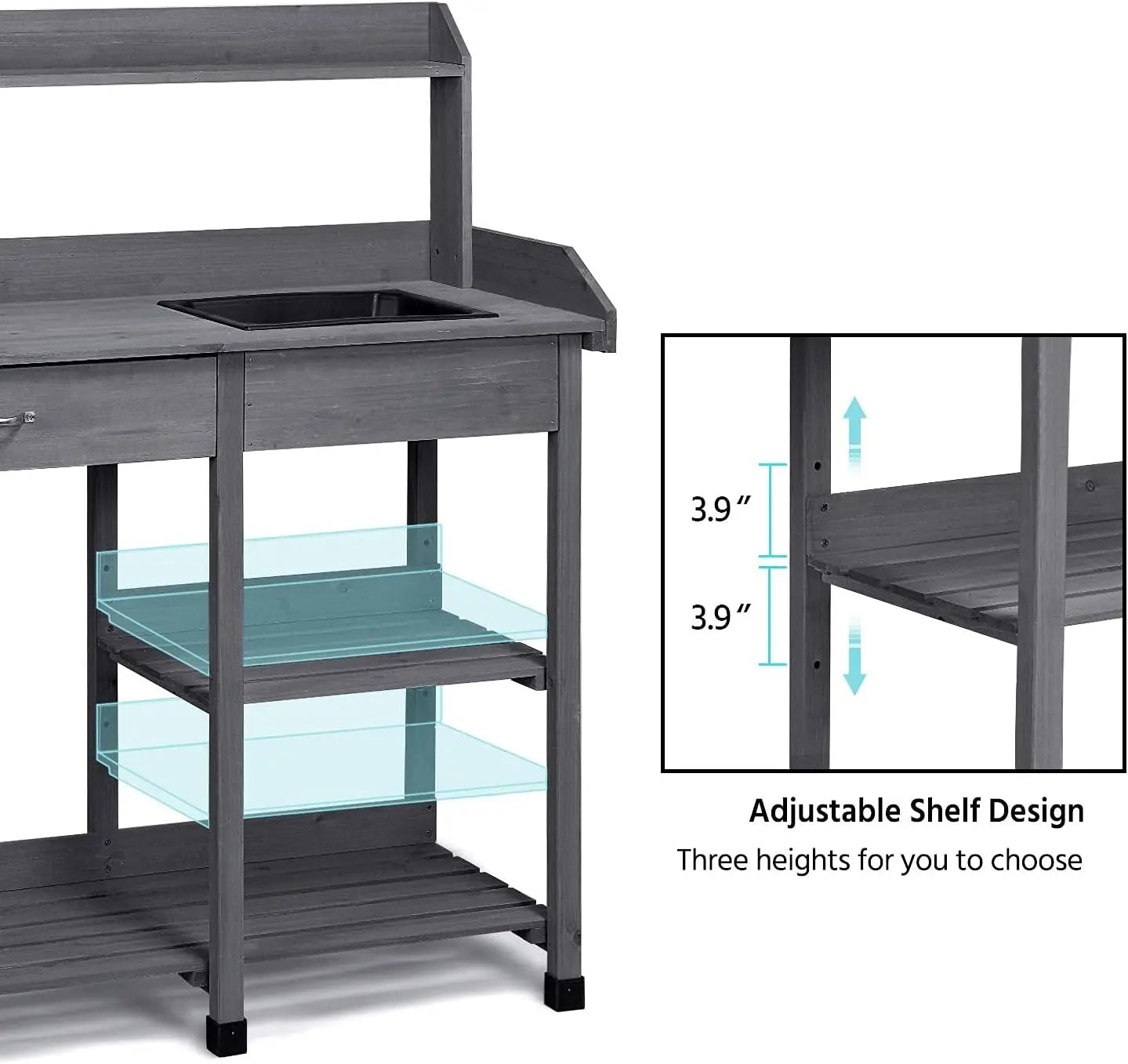 Outdoor Potting Bench Table Garden Workstation with Drawer Adjustable Shelf Removable Sink Hooks and Pads Gray