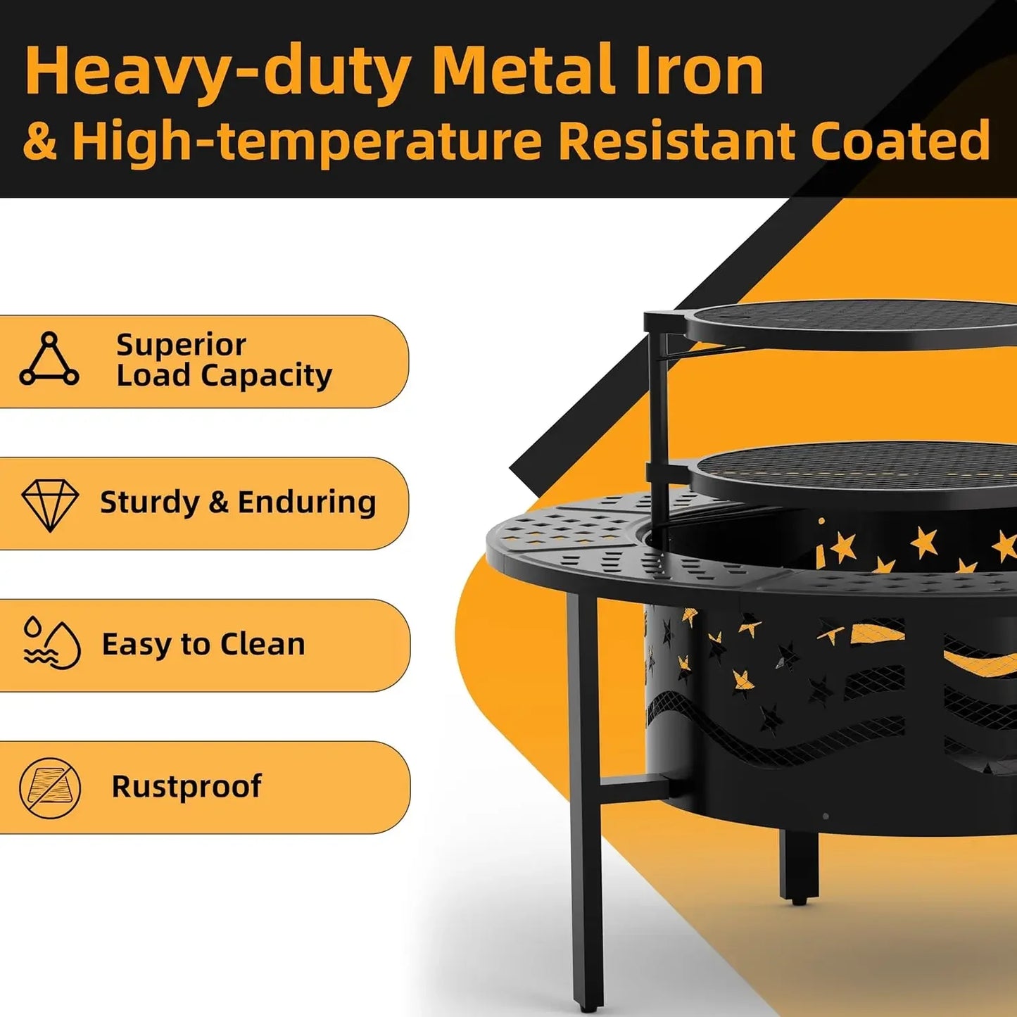 42 Inch Outdoor Fire Pit with 2 Grills Heavy Duty Metal Wood Burning Firepit with Cover and Poker Large Round Design