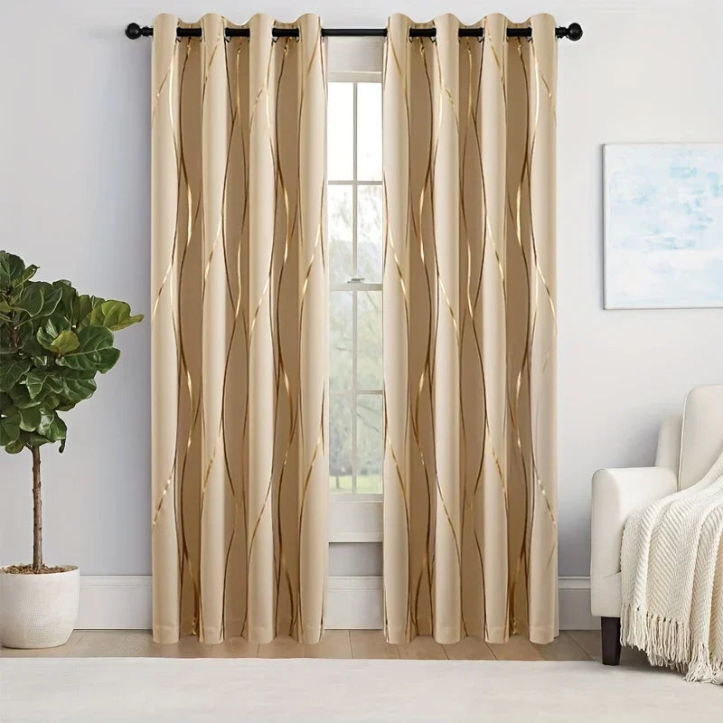2 Pcs Golden Wave Circle Blackout Curtains With Grommet Top