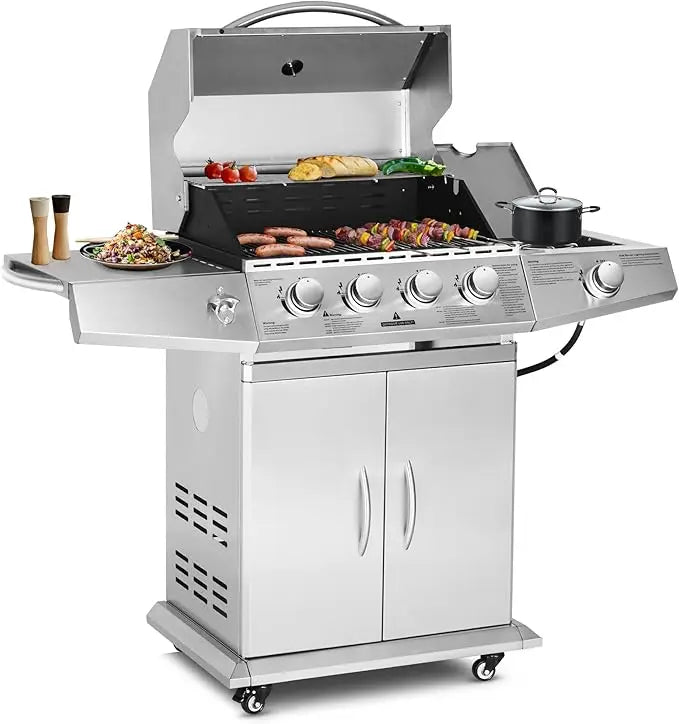 Propane Gas Grill with 4 Burners and Side Burner Stainless Steel Grill Cart with Wheels for Outdoor Patio Garden