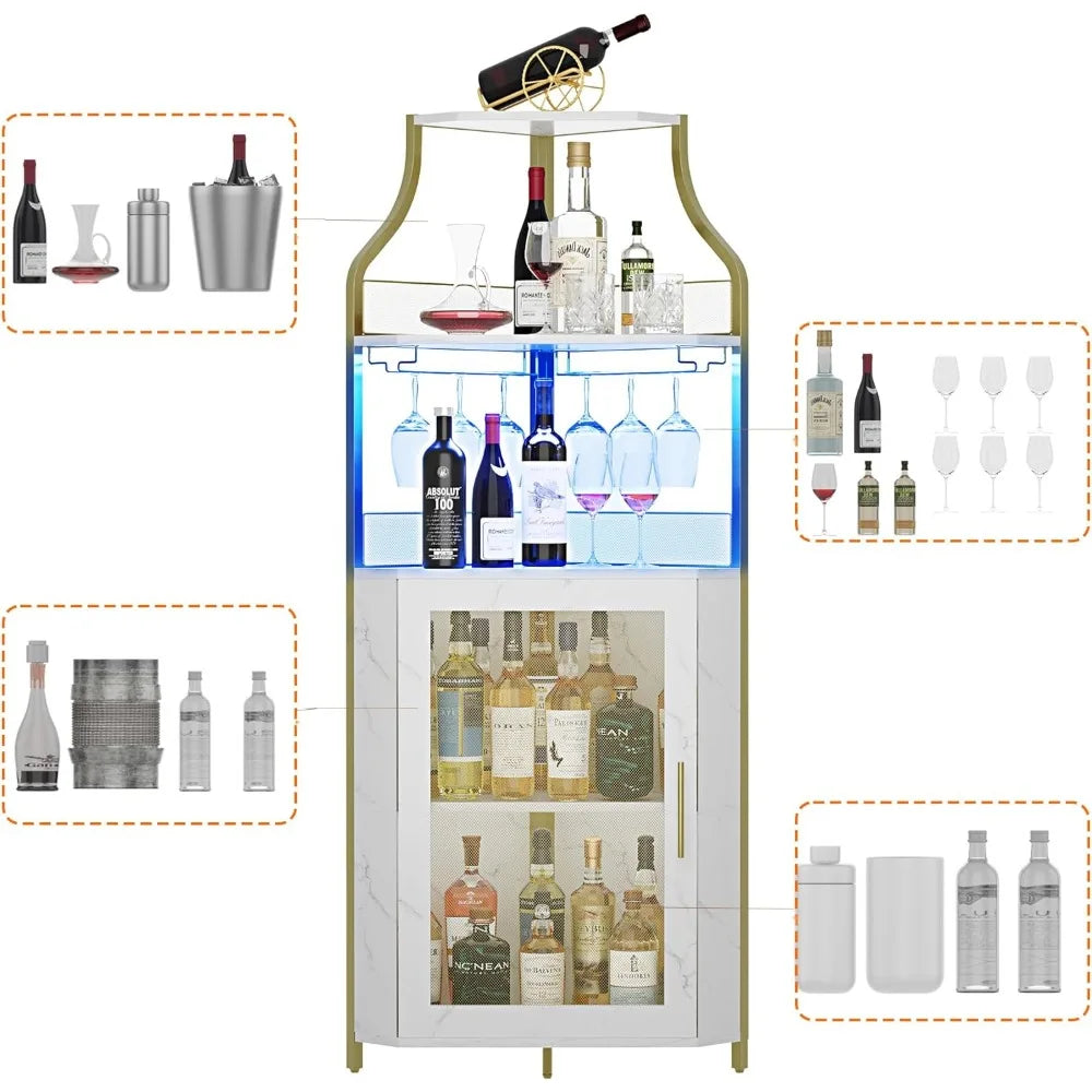 Corner Bar Wine Cabinet with LED Lights 5-Tier Industrial Wine Cabinet with Glass Holder Modern Liquor Cabinet White and Gold