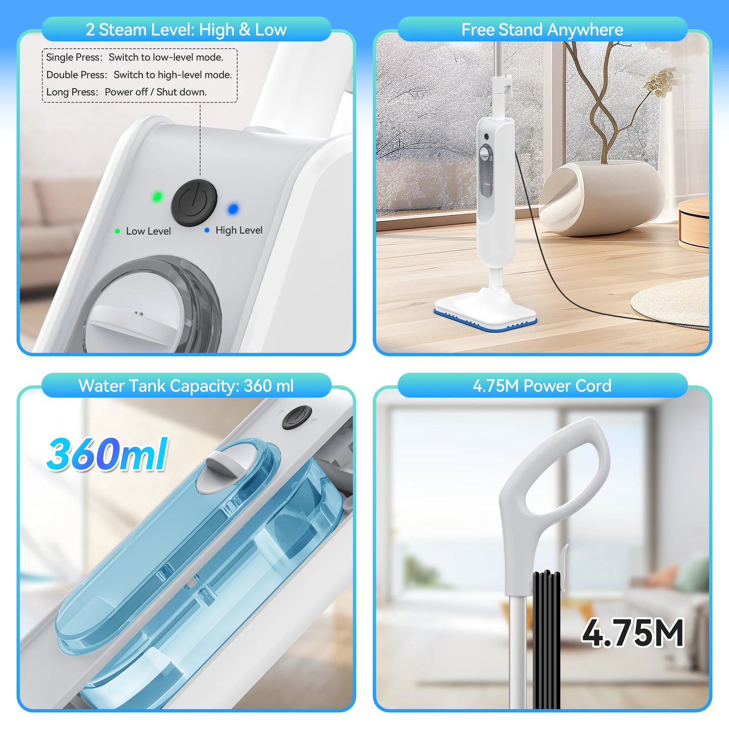 Powerful Steam Mop High Temperature Cleaning Detachable Handheld Steam Cleaner 360ml Fast Heating for Home Carpet and Hard Floor F2