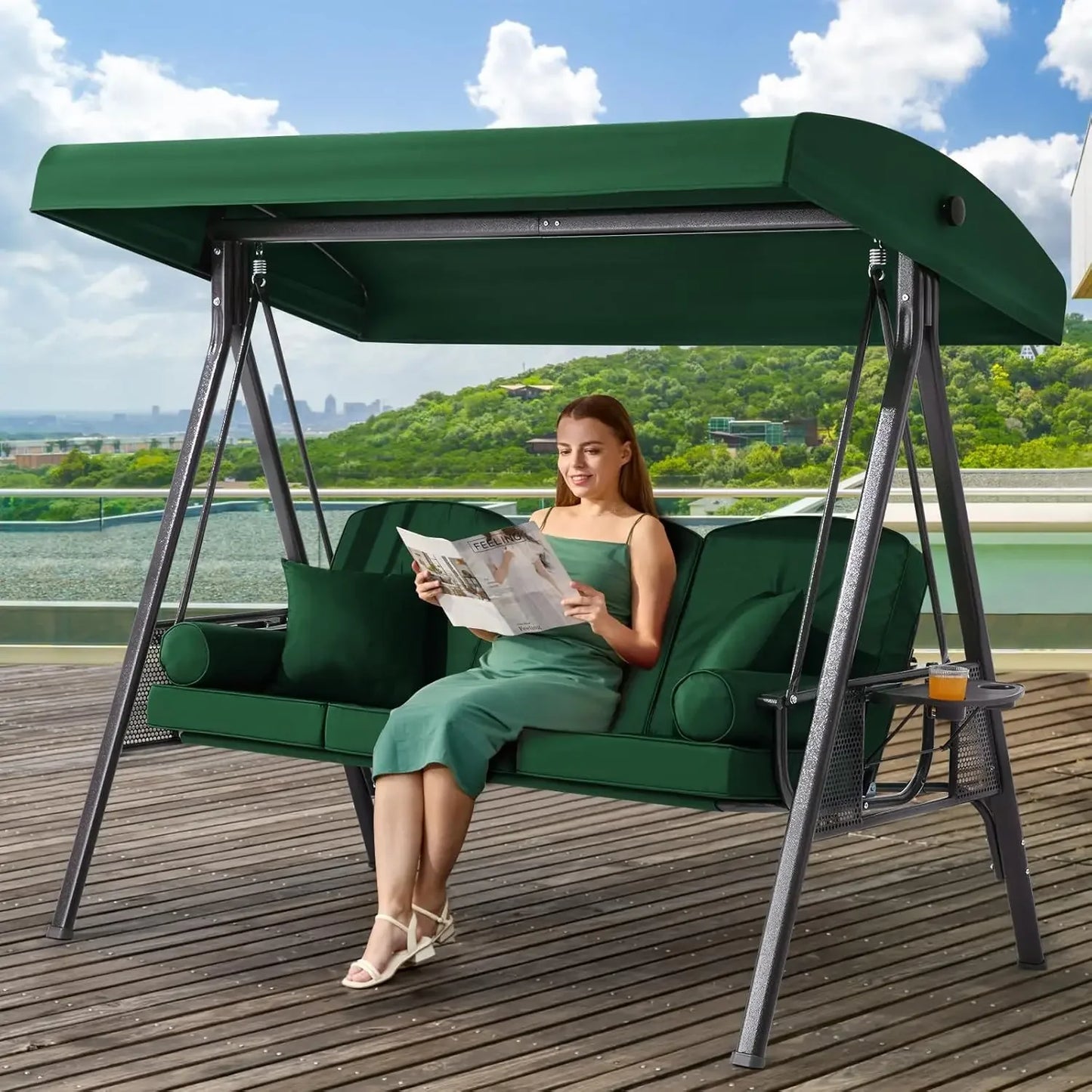 Outdoor Porch Swing with Adjustable Canopy Three Seat Outdoor Swing for Adults Patio Swing Chair with Thickened Cushions Khaki