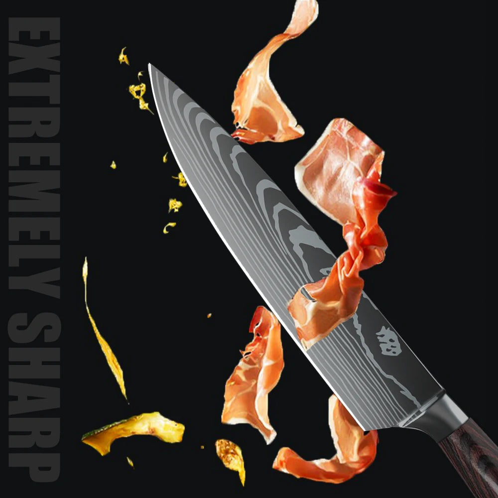 8PCS Japanese Kitchen Knife Set Professional Laser Damascus Pattern Stainless Steel Meat Cleaver Slicer Knife
