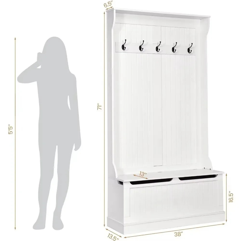 3 in 1 Coat Rack with 5 Double Hooks and Anti Toppling Strip Storage Bench with Bottom Storage Organizer for Hallway Bedroom