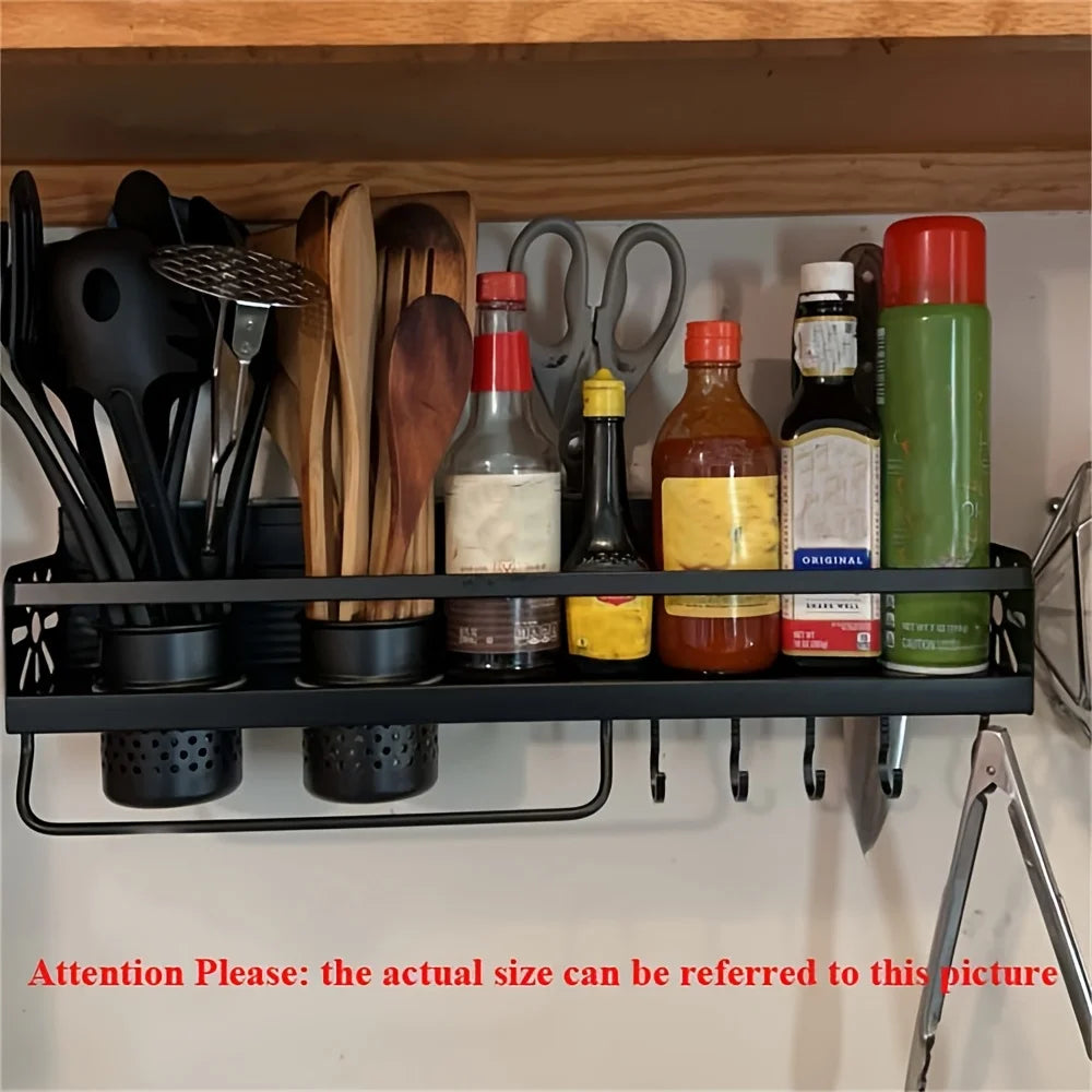 Wall Mounted Spice Rack With Hooks For Kitchen Utensils