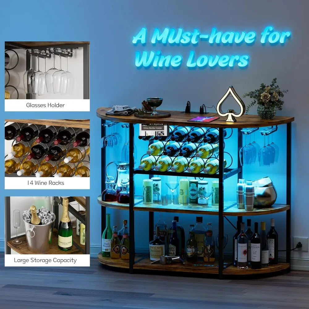 Wine Bar Cabinet with Lights and Outlet 4-Tier Freestanding Storage Rack in Brown Minimalist Modern Design
