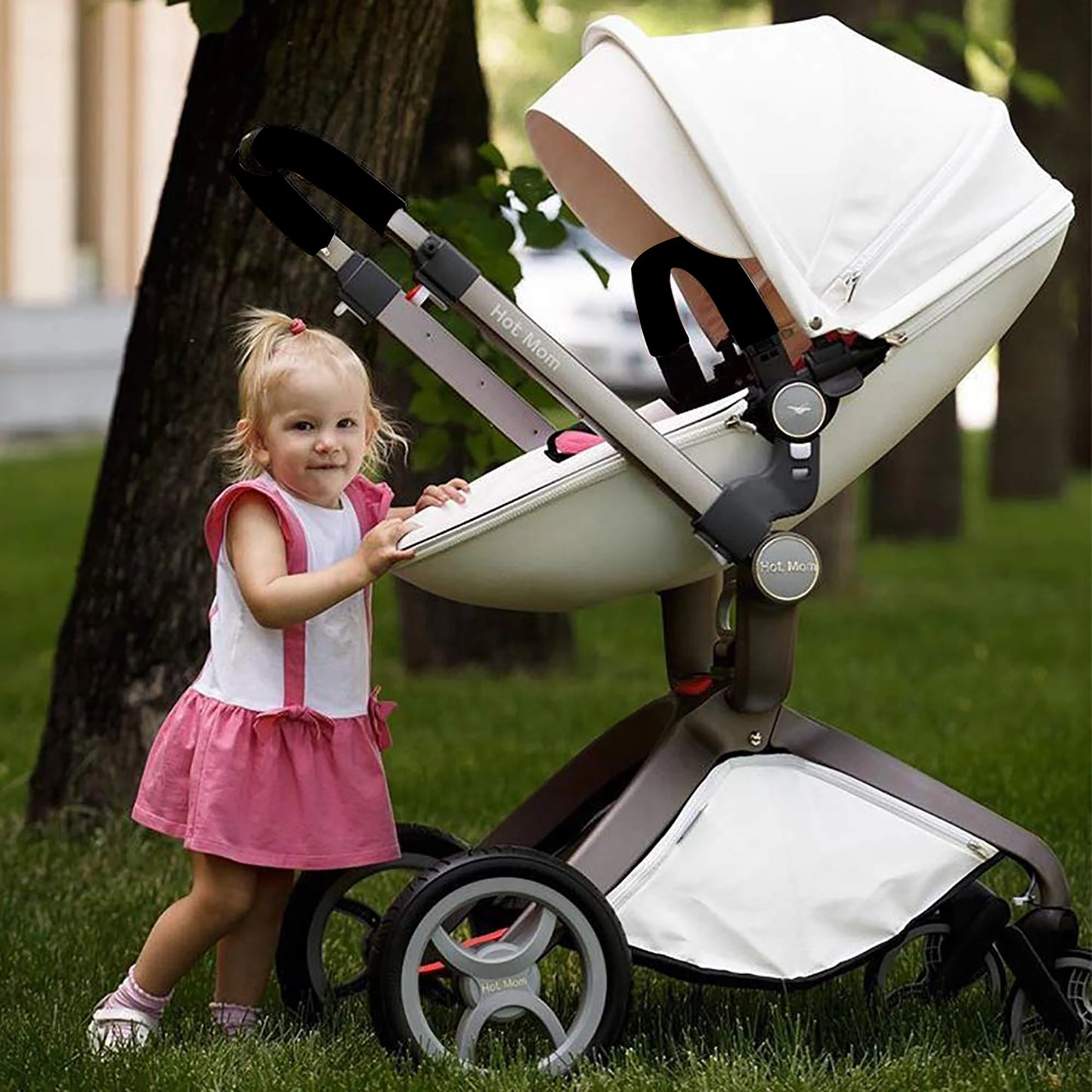 Hot Mom F22 Baby Stroller 3 In 1 Adjustable Seat Aluminum Frame Solid Rubber Tires Rain Cover Mosquito Net Large Storage Basket