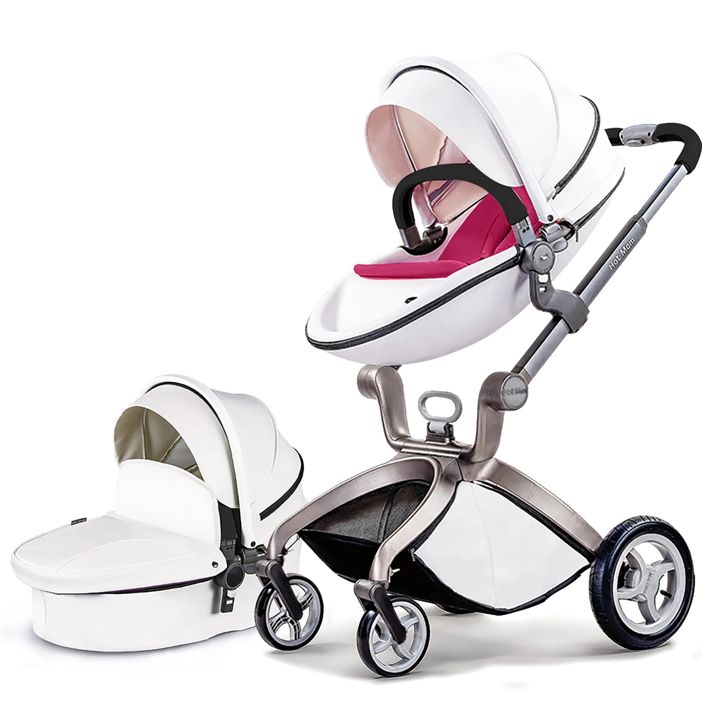 Hot Mom F22 Baby Stroller 3 In 1 Adjustable Seat Aluminum Frame Solid Rubber Tires Rain Cover Mosquito Net Large Storage Basket