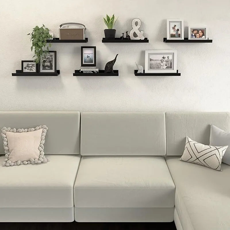 6 Pieces Wall Hanging TV Mezzanine Solid Wood Partition Display Stand for Bedroom and Living Room Black