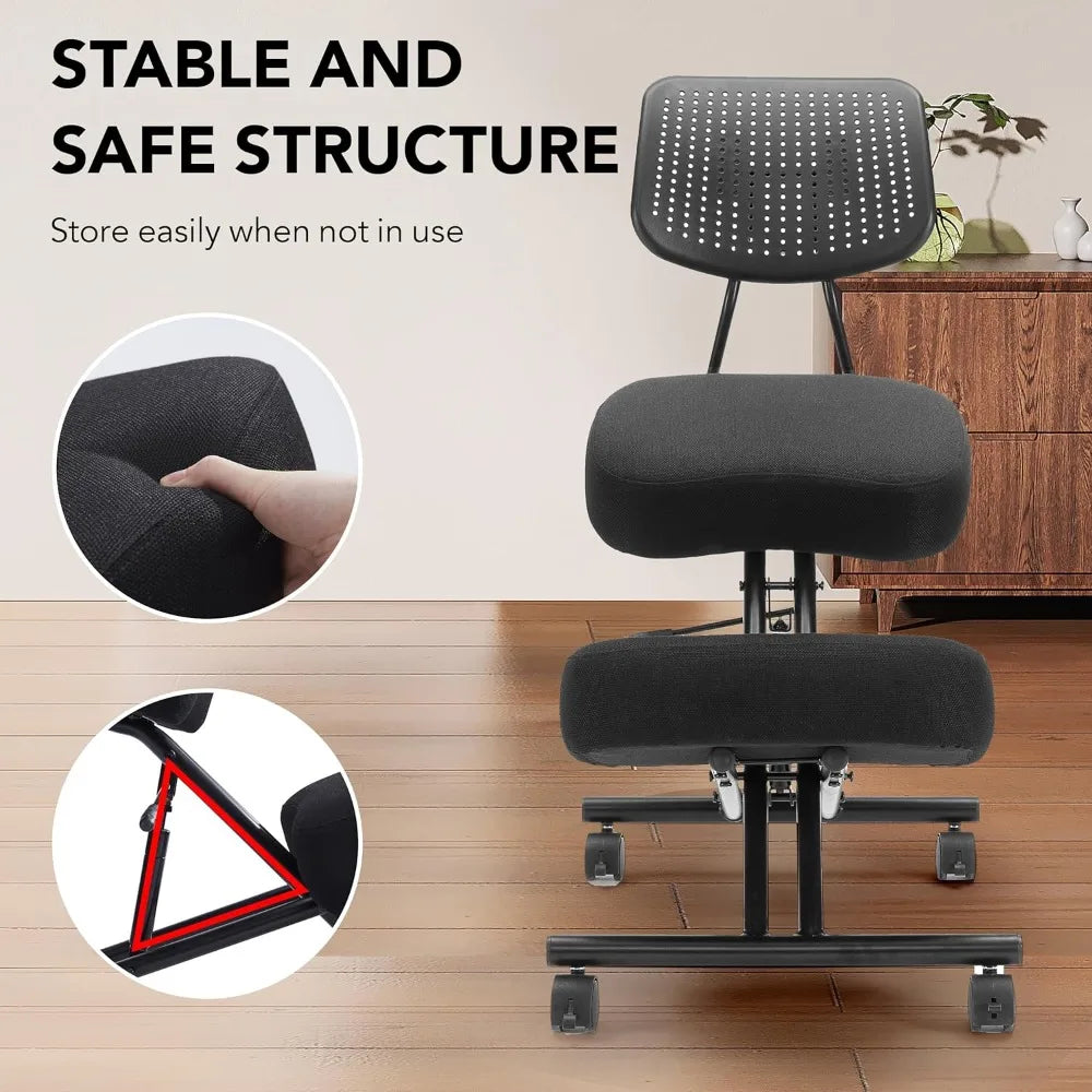 Ergonomic Kneeling Chair with Back Support Adjustable Stool Modern Design with Smooth Gliding Casters