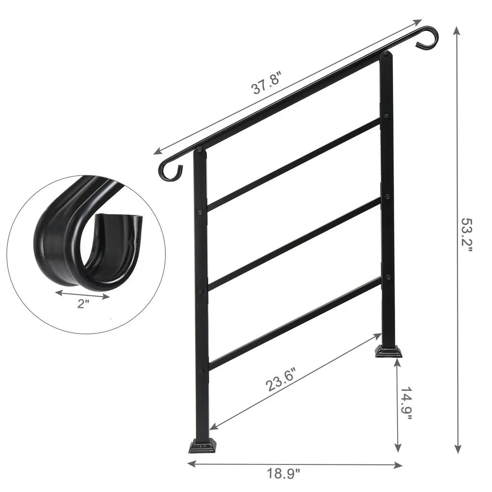 Adjustable Iron Handrail Black Fit 1 or 3 Steps Handrail for Outdoor Steps