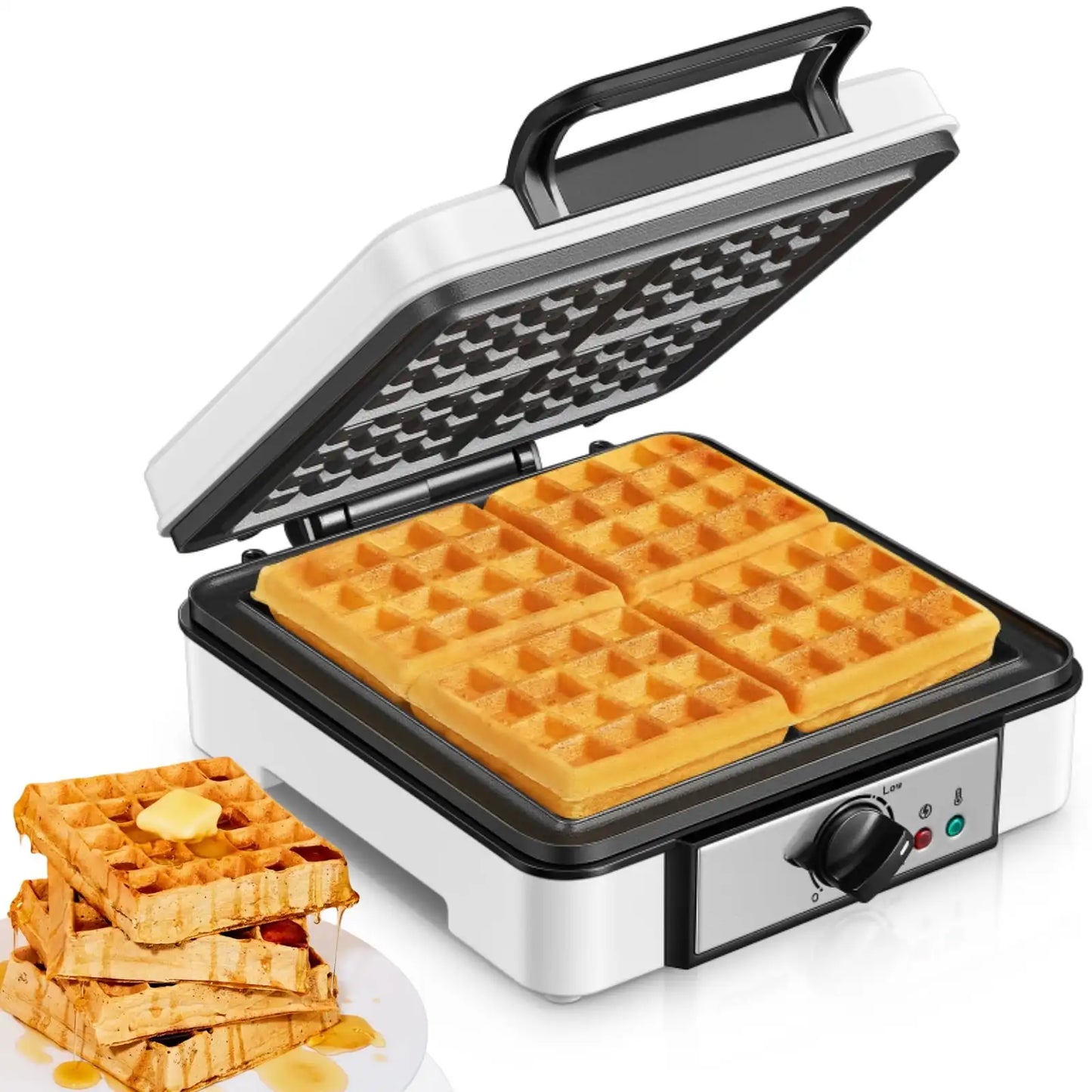 FOHERE Four Waffle Maker Electric Belgian Black Stainless