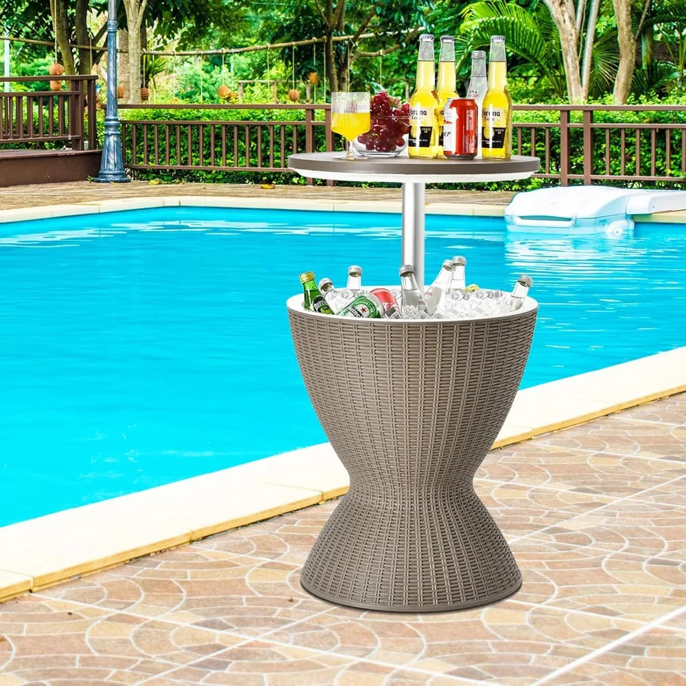 Outdoor Cool Bar Table 8 Gallon Beer and Wine Cooler Height Adjustable Rattan Style Cocktail Patio Bar Tables