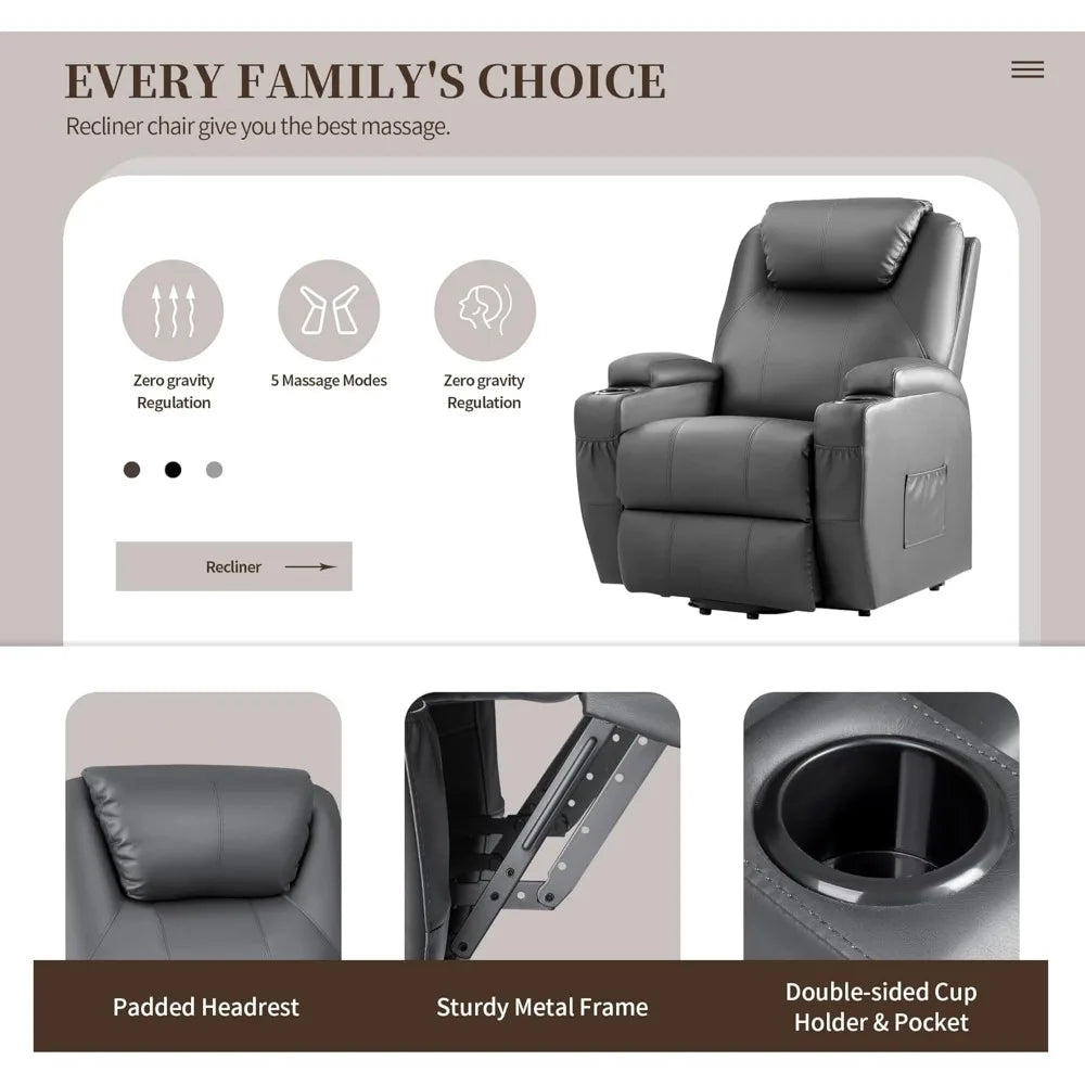 Power Lift Recliner Chair with Massage for Elderly PU Leather Modern Reclining Sofa Chair with Cup Holders and Remote Control