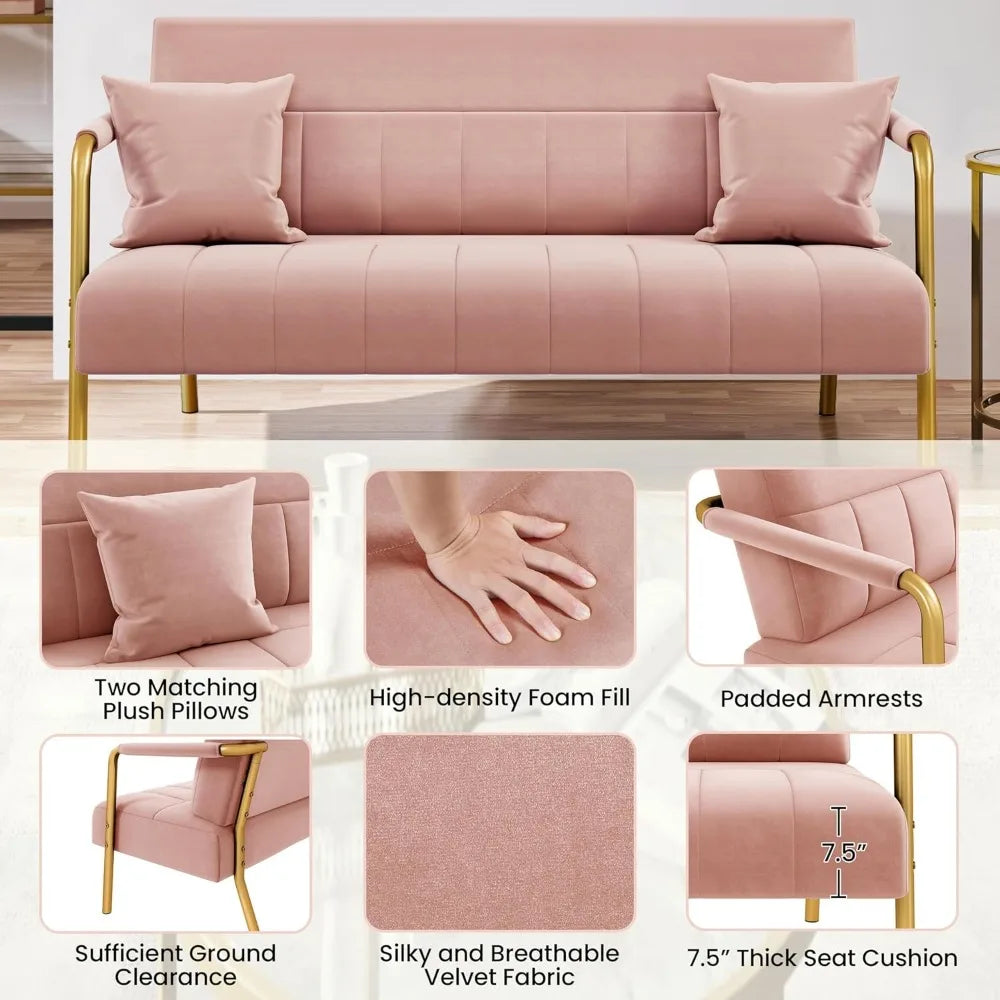 Lux Velvet Sofa With Gold Tone Metal Arms For Living Room