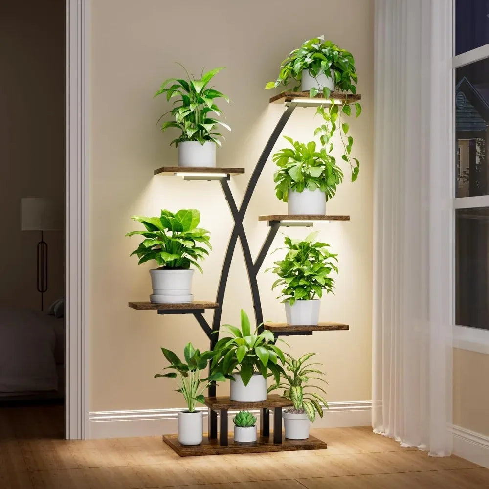 Plant Stand With Grow Lights 7 Tiered Corner Shelf For Multiple Plants Flower Holder Display Rack For Indoor Home Patio Balcony Black