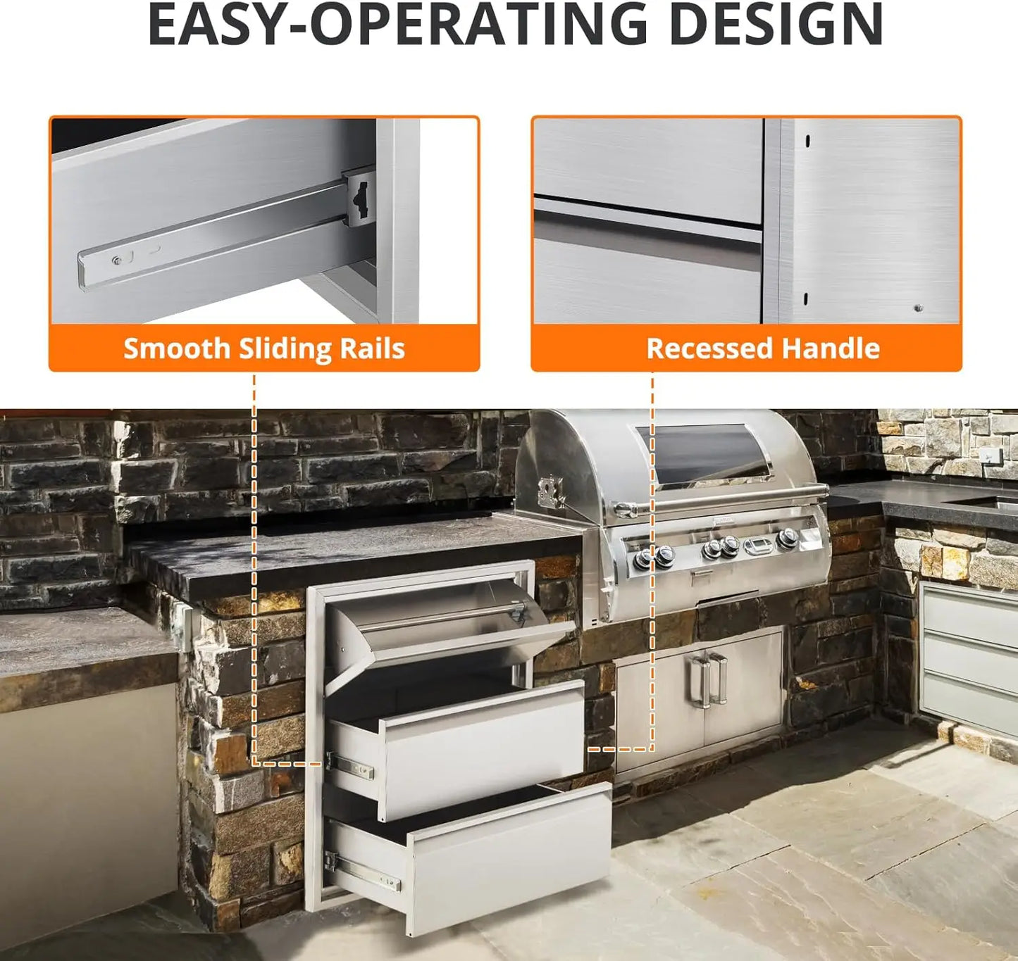Outdoor Kitchen Drawers with Paper Towel Holder Stainless Steel BBQ Drawers 3-Layer Flush Mount Design