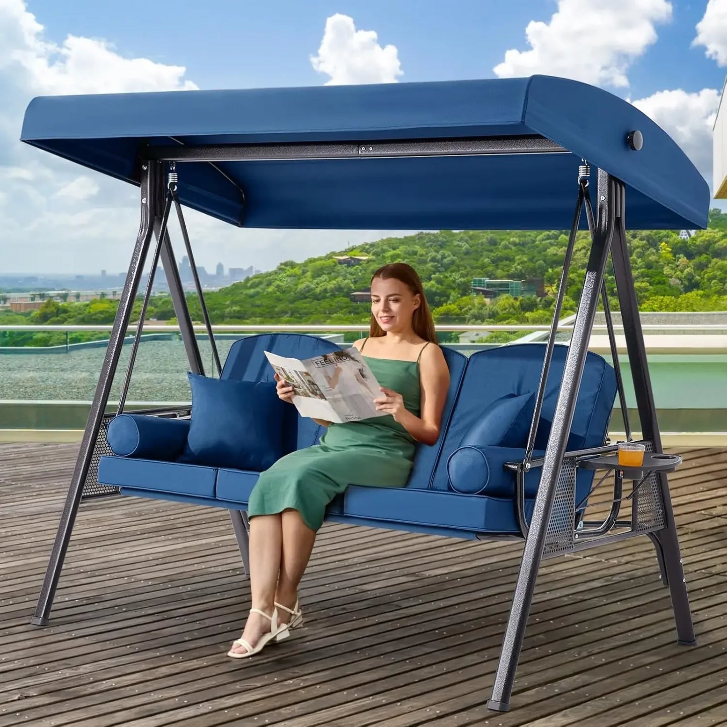 Outdoor Porch Swing with Adjustable Canopy Three Seat Outdoor Swing for Adults Patio Swing Chair with Thickened Cushions Khaki