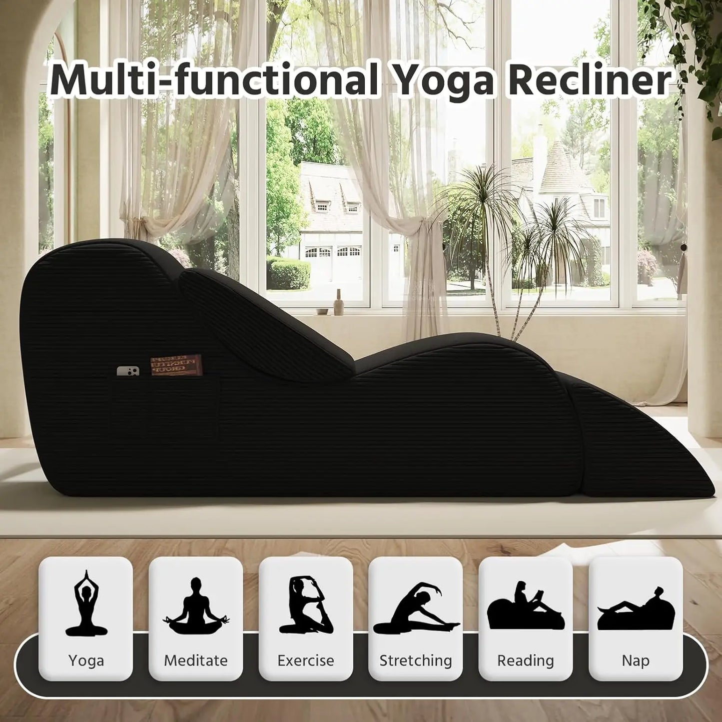 Yoga Chairs for Adults Chaise Lounge Chair with Waist Pad Foot Pad Side Pockets High Density Foam Non Slip Bottom