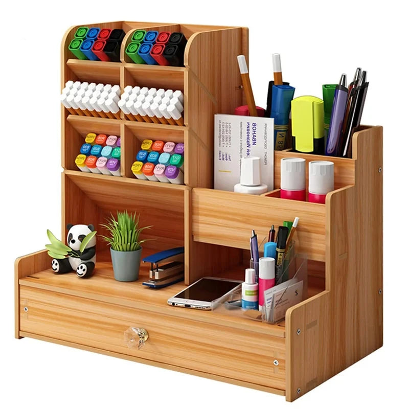 Wooden Desk Organizer DIY Desktop Tidy Pen Holder Large Capacity Stationery Storage Box with Drawer for Home Office and School Black