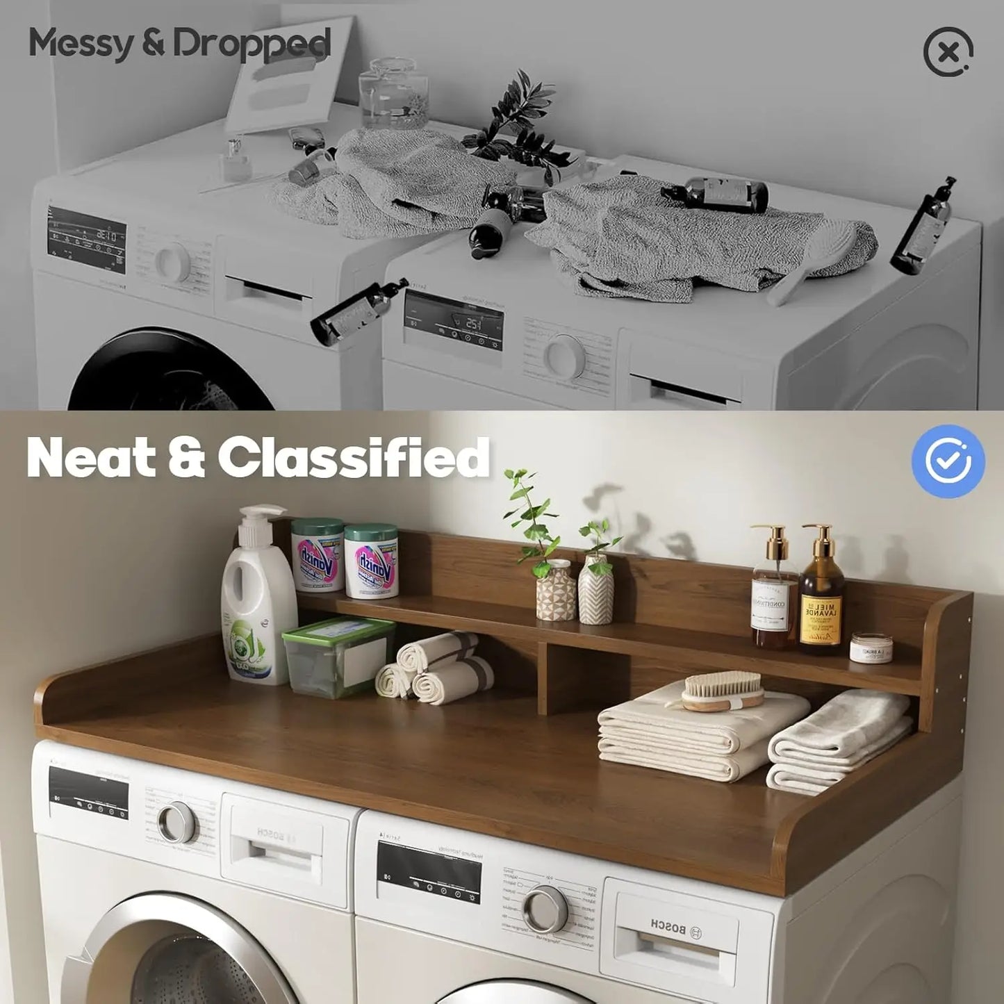 Customizable 2-Tier Washer and Dryer Countertop with 2.75" H Guard,54" W x 27.5" D Laundry Countertop Cover with Non-Slip Pad,La