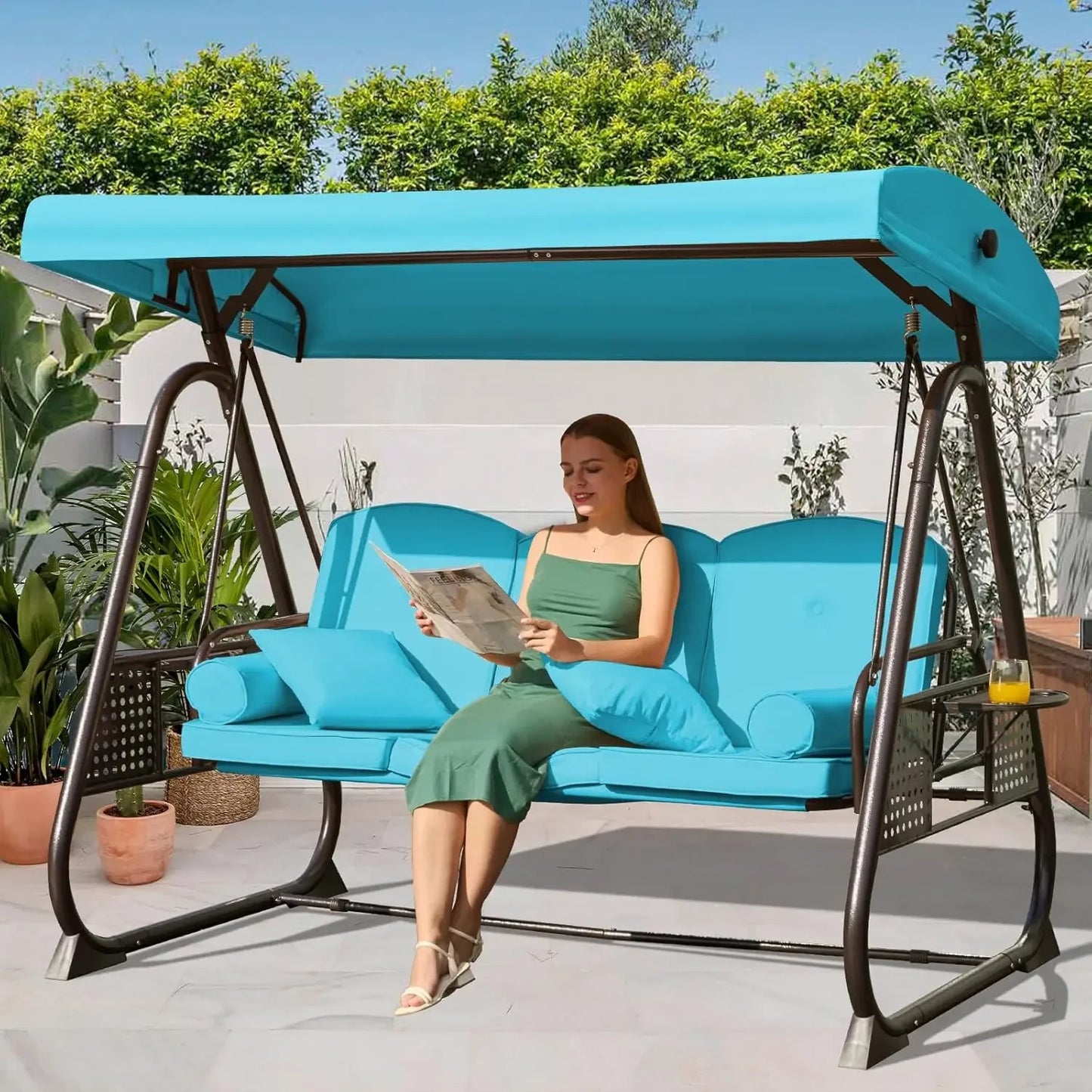 Outdoor Porch Swing with Adjustable Canopy Three Seat Outdoor Swing for Adults Patio Swing Chair with Thickened Cushions Khaki