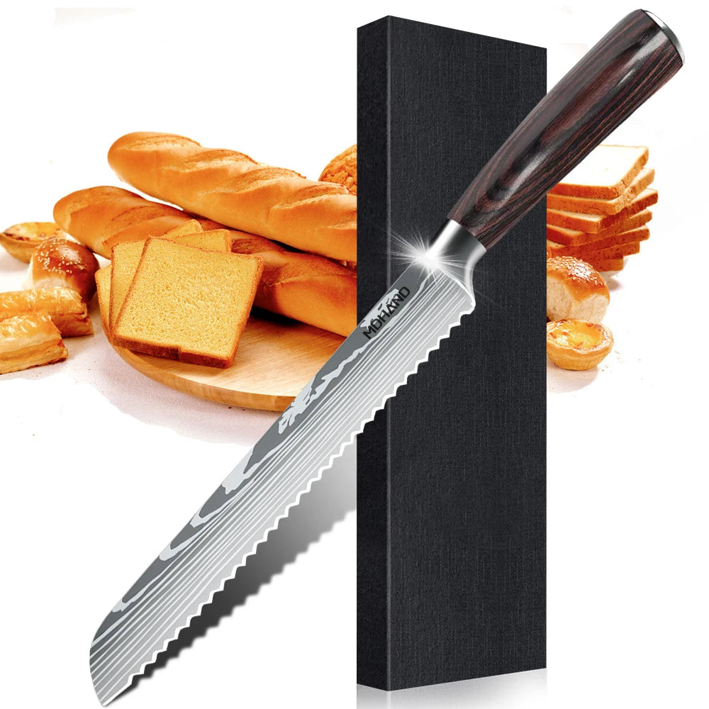 8PCS Japanese Kitchen Knife Set Professional Laser Damascus Pattern Stainless Steel Meat Cleaver Slicer Knife