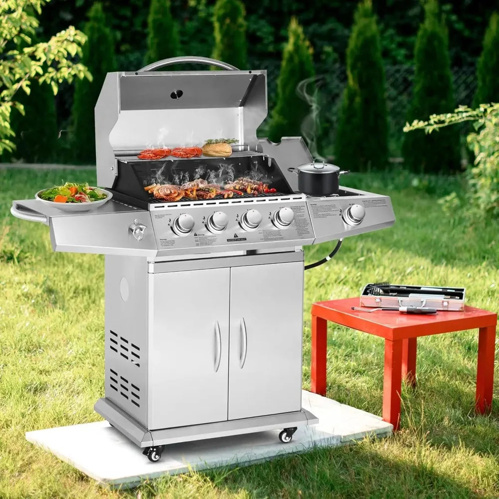 Propane Gas Grill with 4 Burners and Side Burner Stainless Steel Grill Cart with Wheels for Outdoor Patio Garden