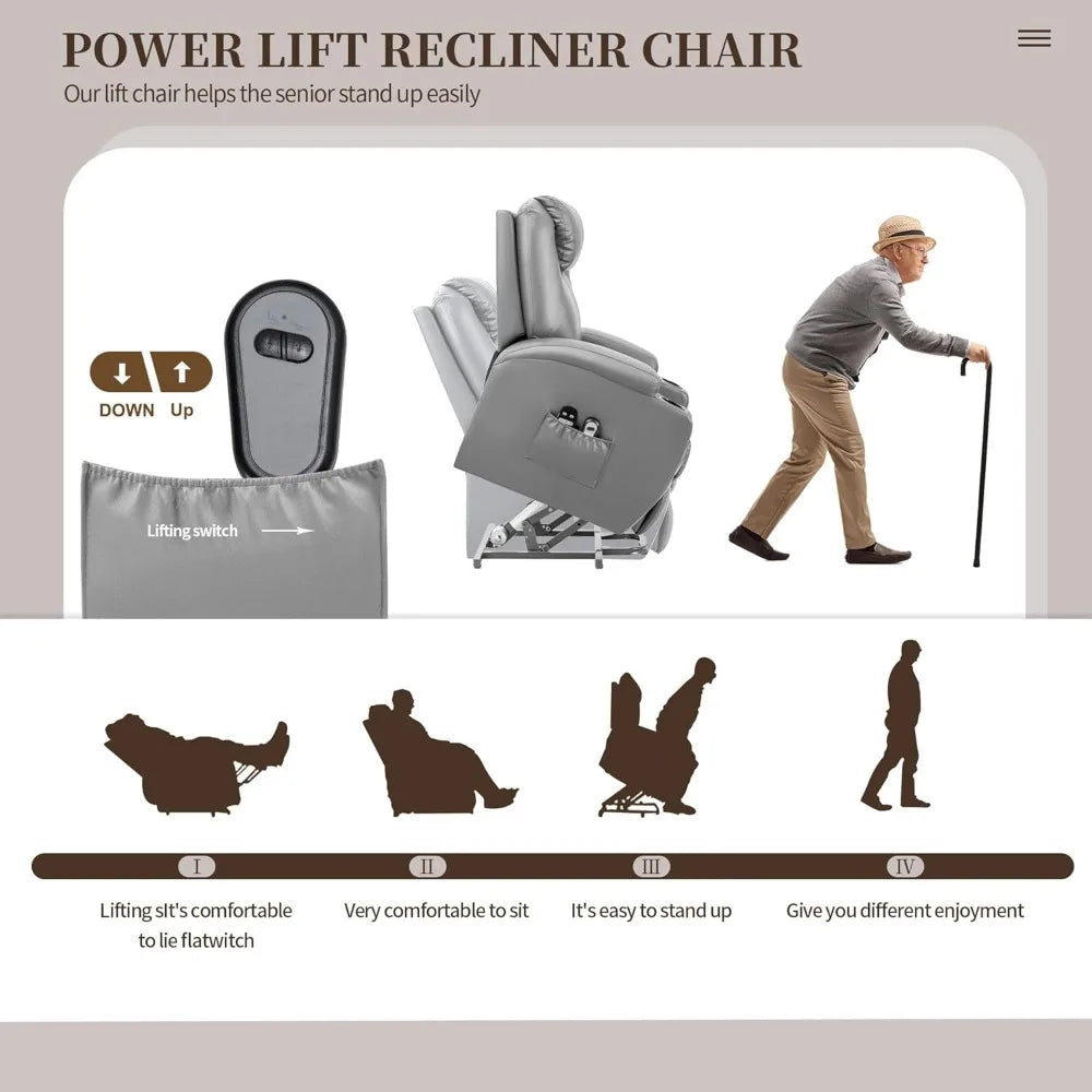 Power Lift Recliner Chair with Massage for Elderly PU Leather Modern Reclining Sofa Chair with Cup Holders and Remote Control