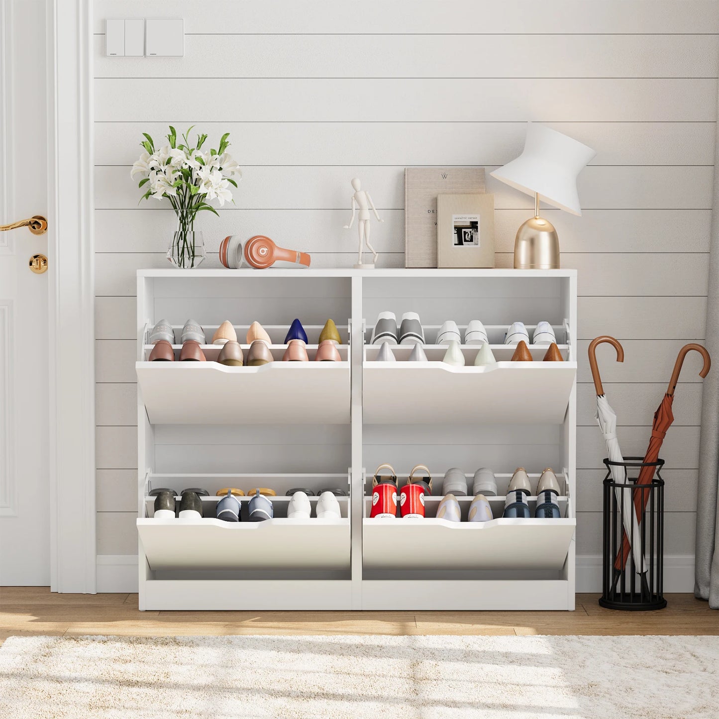 VOWNER Shoe Storage Cabinet with 4 Flip Drawers Freestanding Shoe Cabinet for Home Furniture
