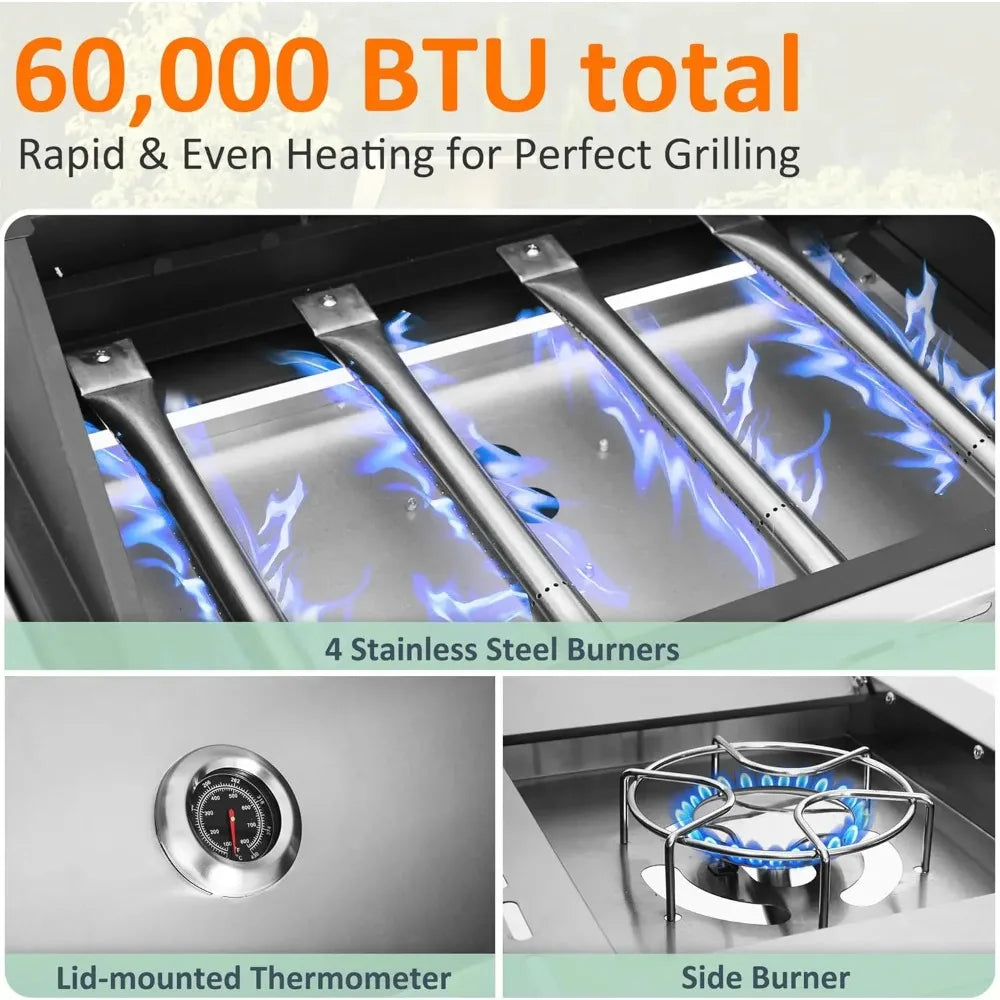 Propane Gas Grill with 4 Burners and Side Burner Stainless Steel Grill Cart with Wheels for Outdoor Patio Garden
